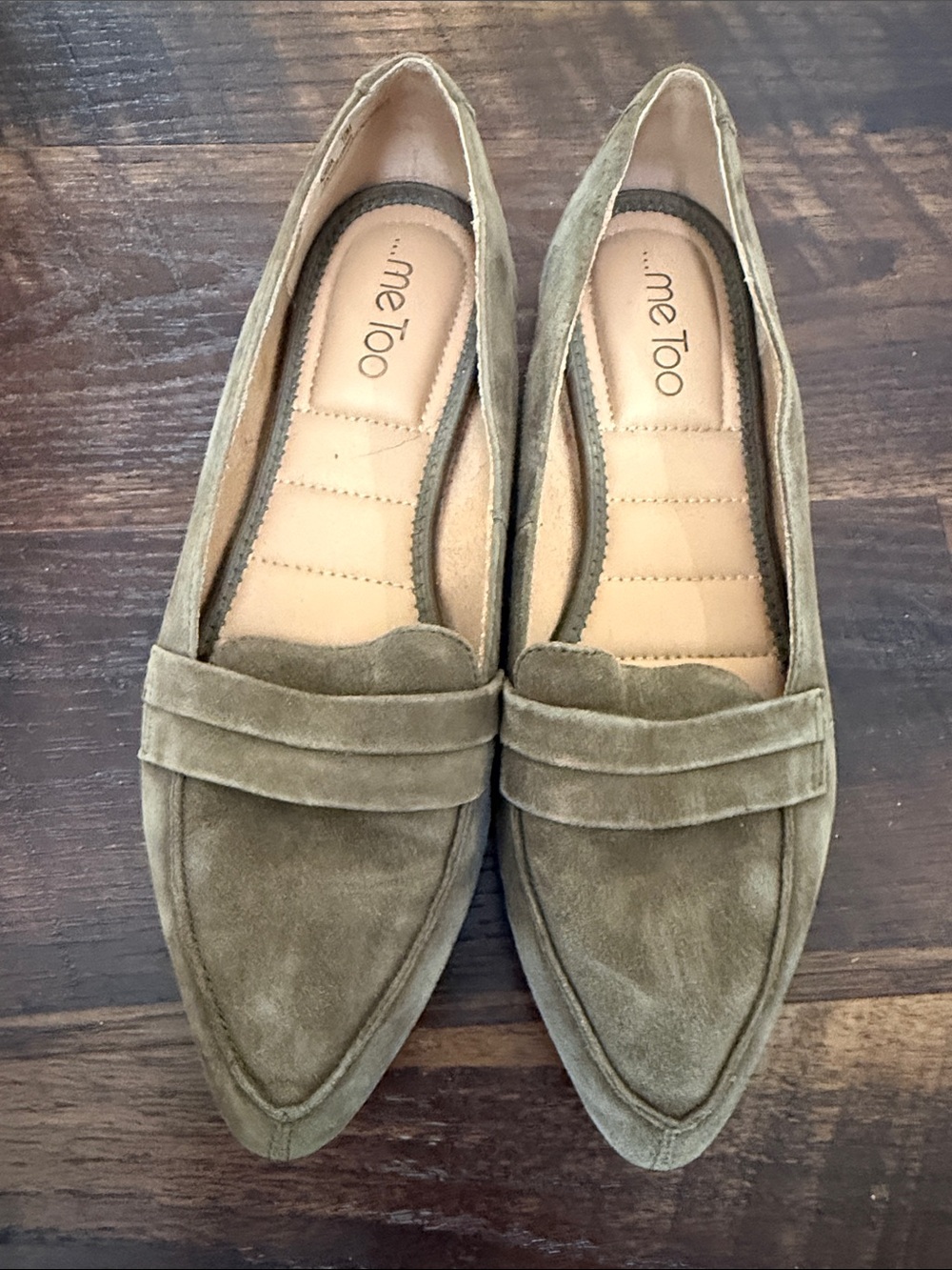 me too Olive Suede Pointed Loafers